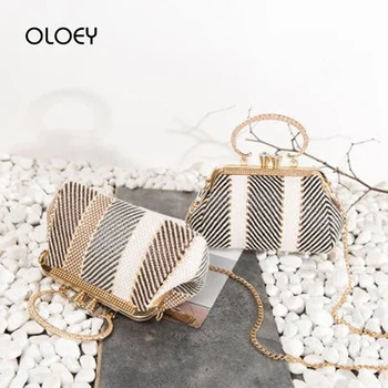 

Vintage Fashion Chain Shell Women Handbags Stripe Metal Handle Shoulder Crossbody Bags Luxury Designer Evening Clutch Bag Bolsa