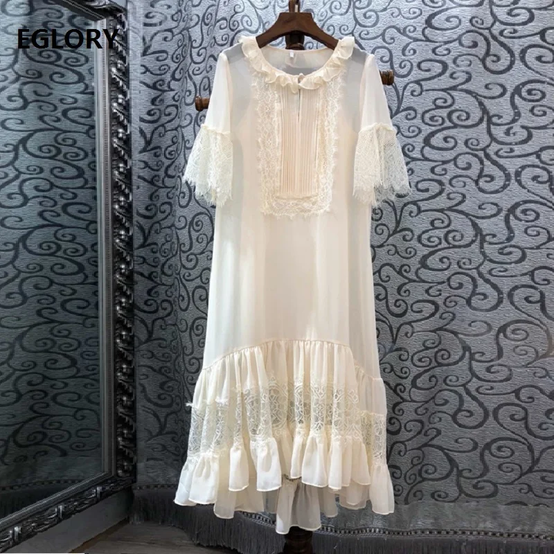 

New Plus Size Summer Dress 2019 High Quality Women O-Neck Hollow Out Lace Patchwork Straight Loose Silk Dress Green Apricot
