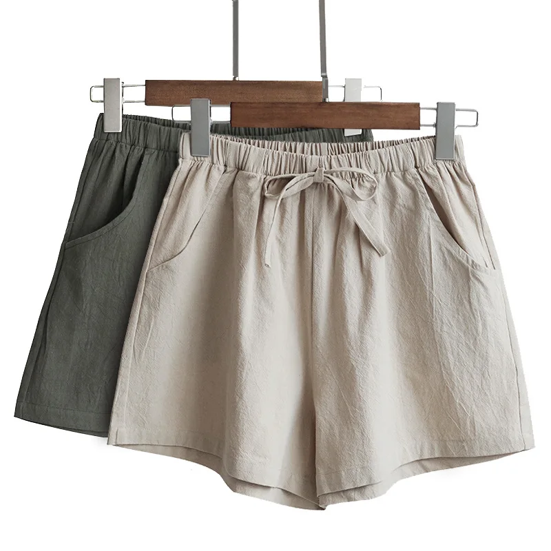 

Short Pants Female Summer Shorts New Cotton Linen Wide Leg Trousers Women Casual Plus Size Loose Lace Up Elastic Waist Shorts