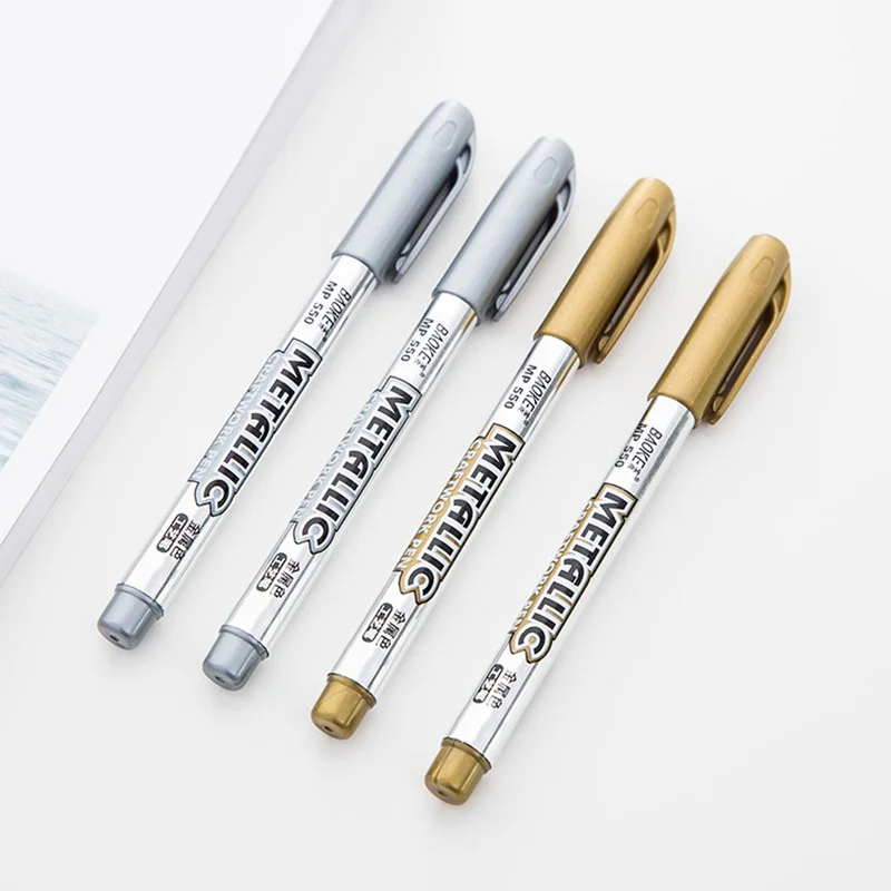 

24 pcs/Lot Metallic color marker pen Gold Silver permanent fibre tip for drawing on paper cloth leather School supplies CB931