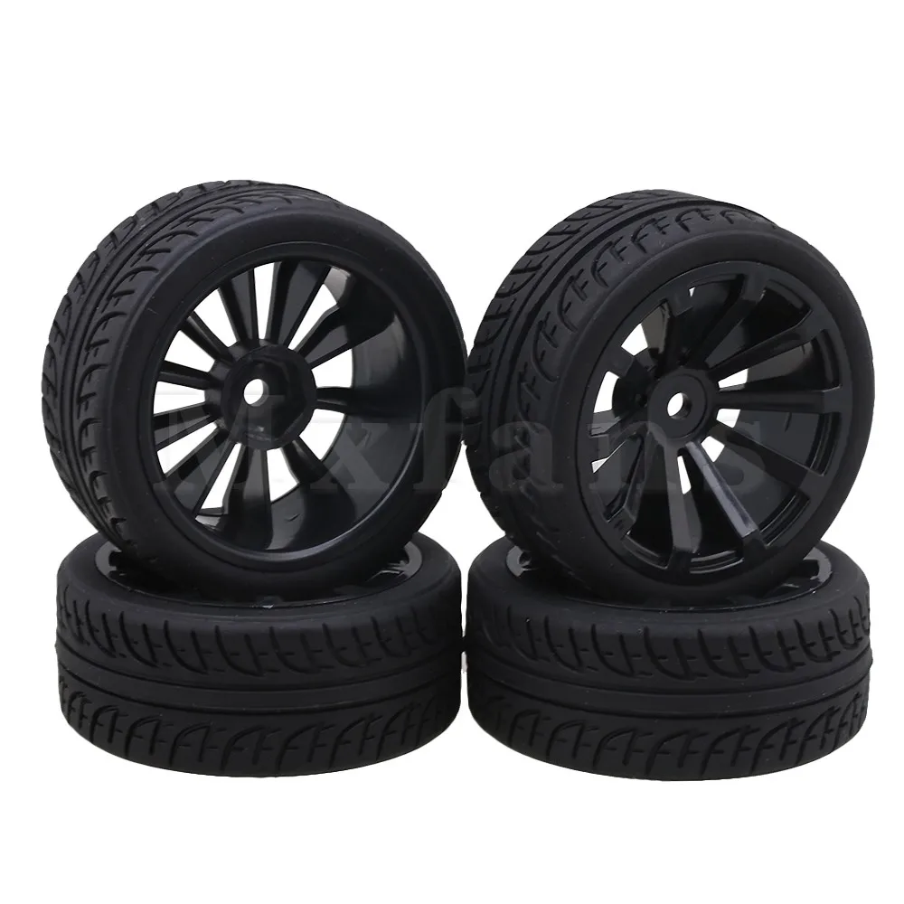 Mxfans Black Plastic Wheel Rims + F Pattern Rubber Tyres for RC 110 On