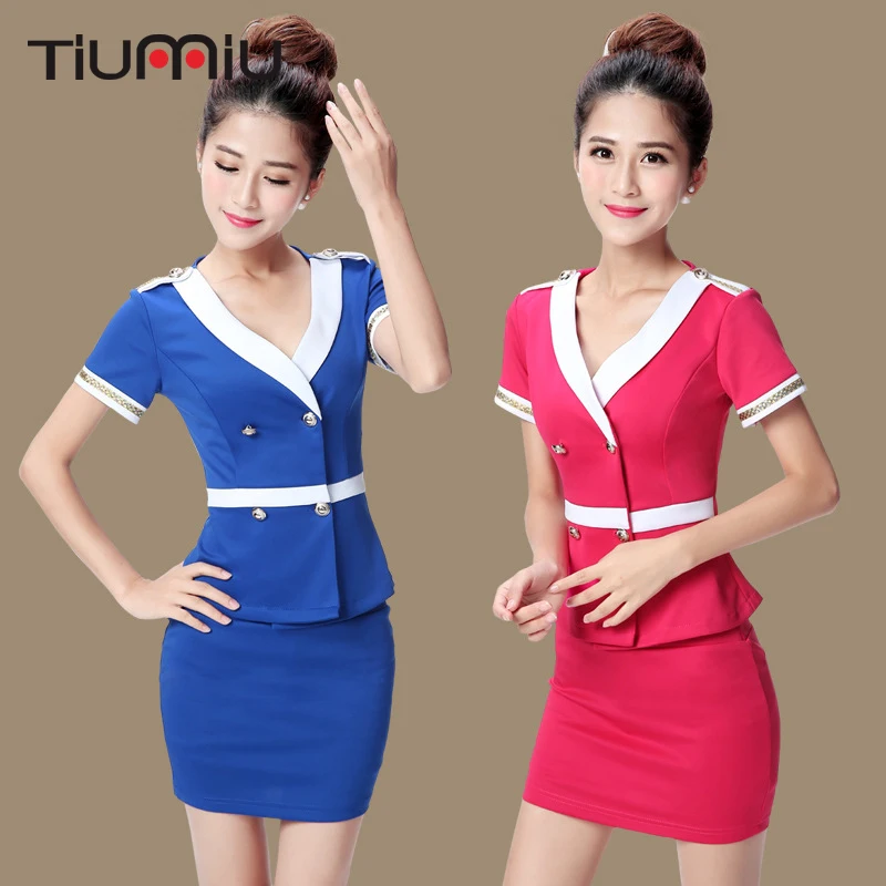 

New Arrival Fashion Sexy V-Neck Women Aviation Uniforms Bodysuit Mini Dress Short-sleeved KTV Nightclub Sauna Therapy Work Suits