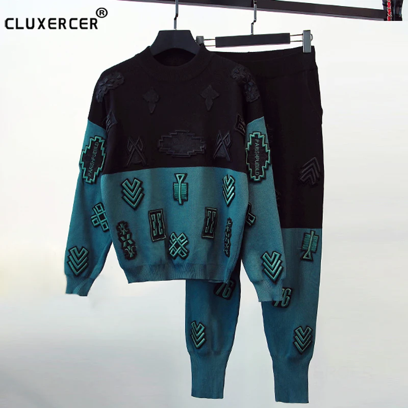 Комплект из двух предметов, женский зимний спортивный костюм, свитер с вышитыми рукавами, комплекты со штанами, вязаный свитер с длинными рукавами и цветочным рисунком+ штаны, костюмы - Цвет: Photo Color