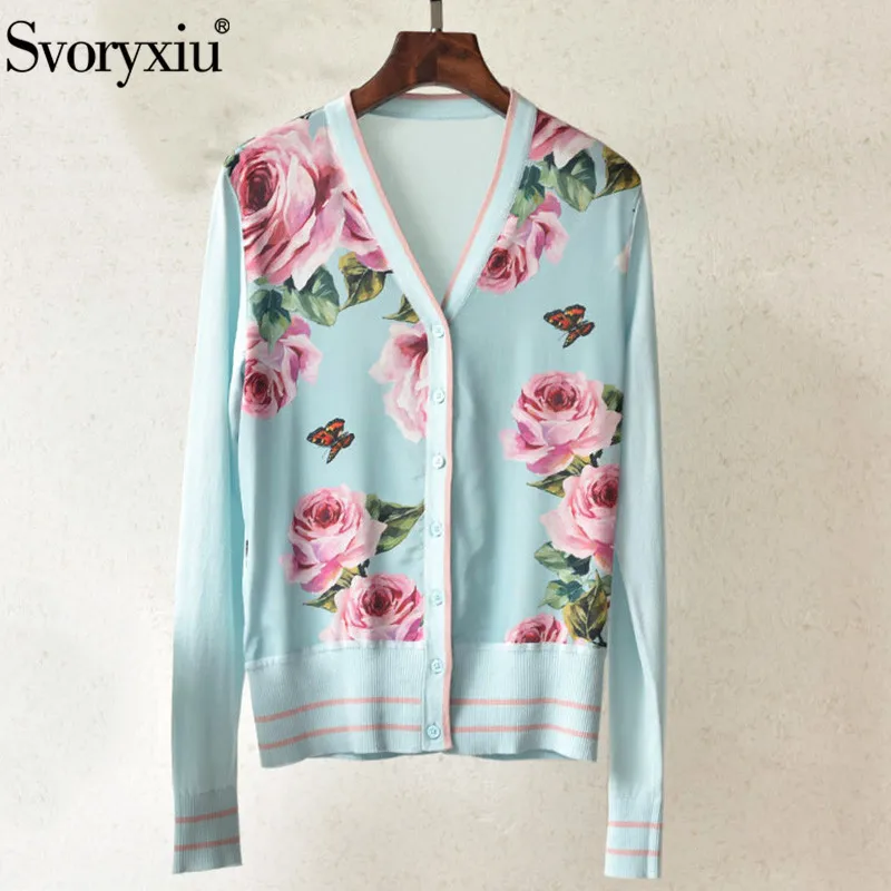 

Svoryxiu Designer Autumn Winter V-Neck Knitting Cardigans Tops Women's Silk Flower Print Patchwork Sweater Knitting Thin Coat