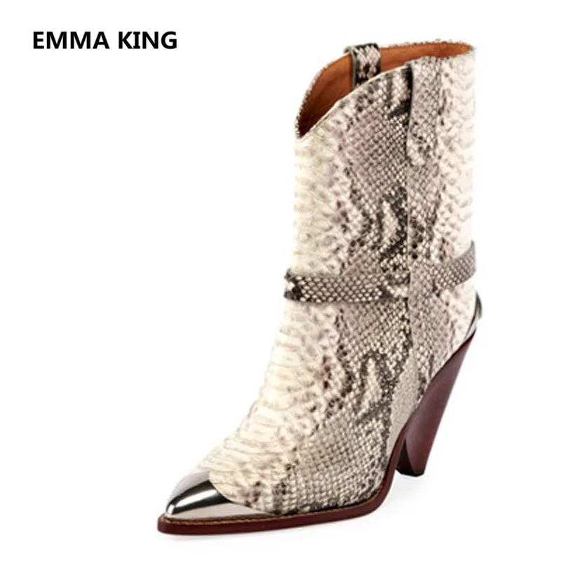 

Botas Mujer 2019 Spike Heel Mid-Calf Boots Women Snake Prints Leather Short Boots Metal Point Toe Slip On High Heels Shoes Woman