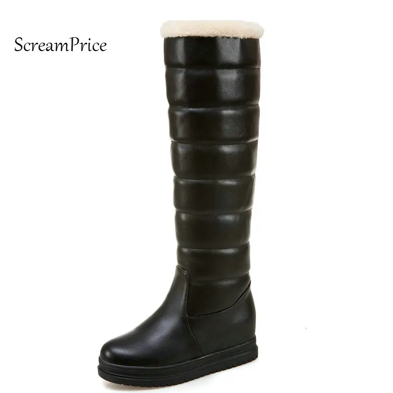 

Woman Winter Warm Platform Height Increasing Slip On Snow Boots Fashion Round Toe Dress Calf Boots Black Pink White