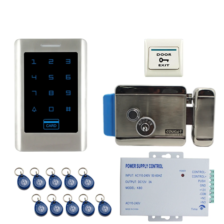 

JEX RFID Touch key Password Access Control Controller Metal Backlight button Door control system kit + Electric Control Lock