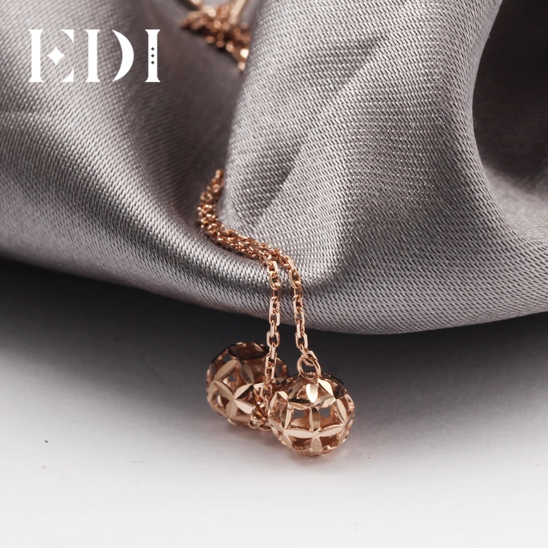 EDI Real Pure 18 К розовое золото простые висящие серьги OL стиль полый шар длинные серьги с кисточками для женщин