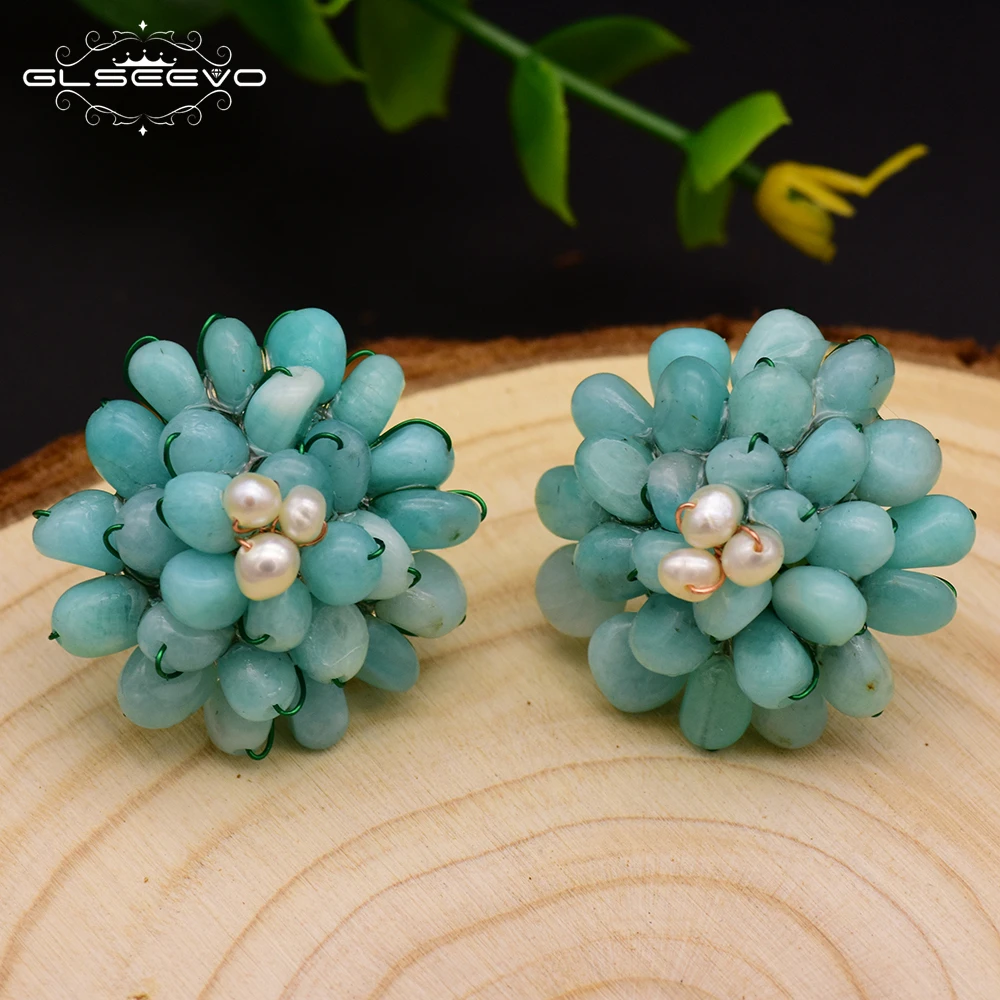 

GLSEEVO Original Design Natural Aquamarine Blue Stone Women's Stus Earrings Party Gift Stud Earrings Fine Jewelry GE0604