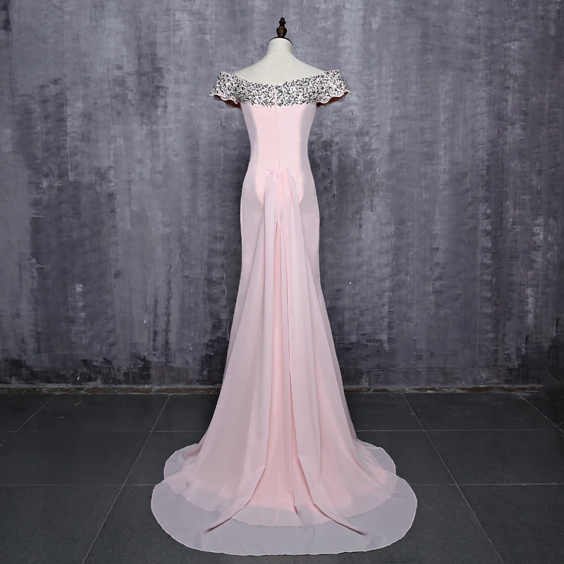 Elegant Short Sleeves Pink Beaded Mermaid Long Bridesmaid Dress