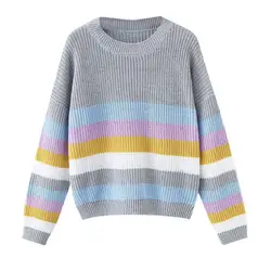 Для женщин Многоцветный осень-зима согреться в полоску с длинным рукавом вязаный свитер блузка пуловеры Sweters Для женщин Invierno 2018 A25