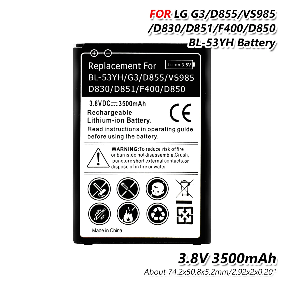 BL-53YH мобильного телефона Батарея для LG Optimus G3 D830 D850 D851 D852 D855 LS990 F400 VS985 BL53YH 3500 мАч замена батареи