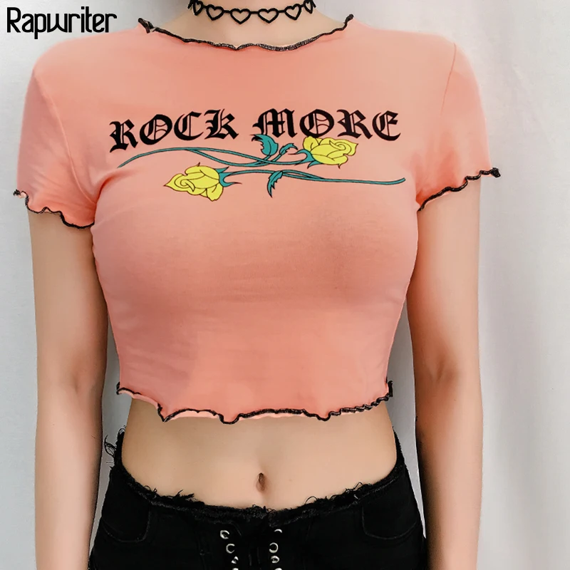 

Rapwriter Casual Skinny Rose Print Ruffles Sexy T-Shirt Women 2019 Summer Streetwear O-Neck Short Sleeve harajuku Slim Crop Tops