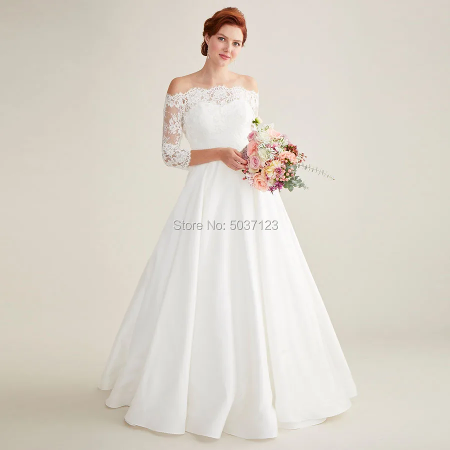 

Off the Shoulder A Line Wedding Dresses Three Quarter Vestido De Noiva Lace Appliques Court Train Button Illusion Bridal Gowns