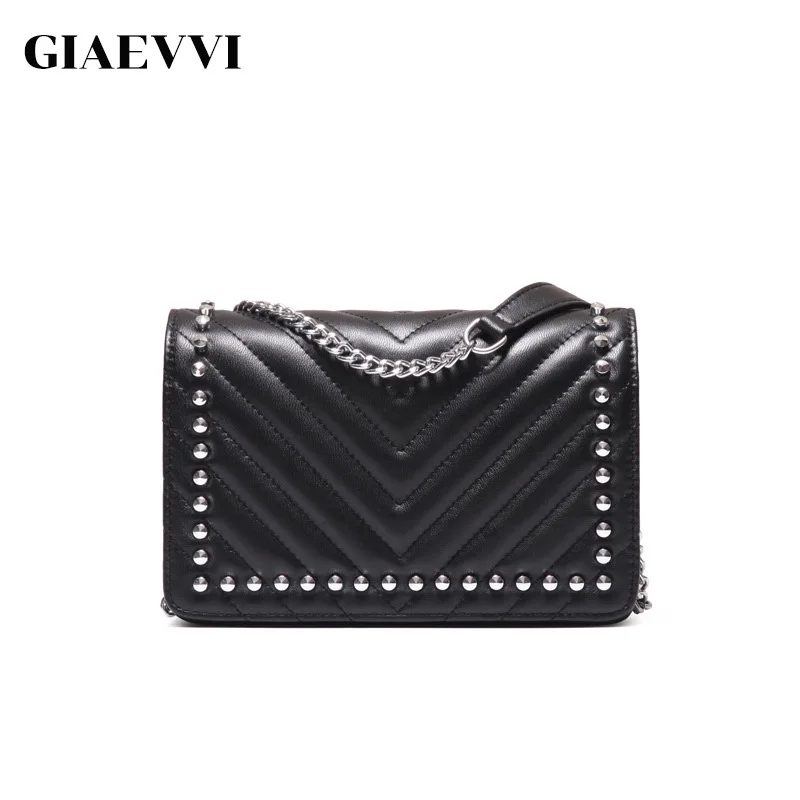 

GIAEVVI Women Shoulder Bag Rivets Genuine Leather Messenger Bags V-Shaped Chain Handbag Small Crossbody Bags for Girls Clutch