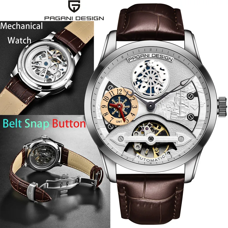Мужские автоматические часы PAGANI Leather Tourbillon брендовые механические из стали