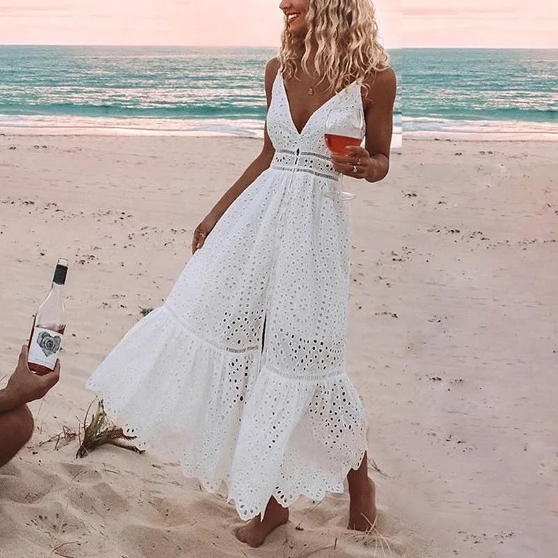 

2019 Summer Cotton Dress Women Sexy V Neck Spaghetti Strap Long Dress High Waist Button White Embroidery Casual Dress Female
