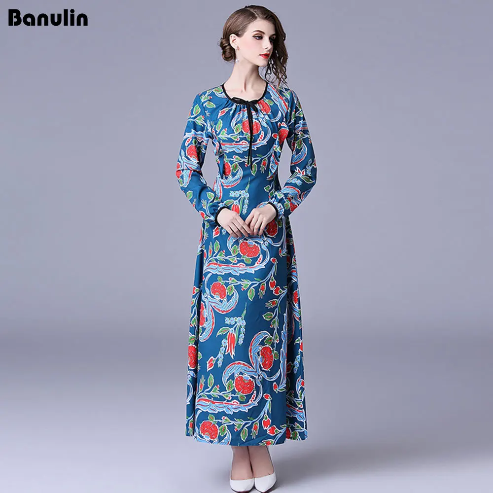 

Banulin Runway Designer Women Maxi Dress 2018 Spring Summer Dress Ruffles Floral Print Vestido Longo Long Sleeve Casual Dresses