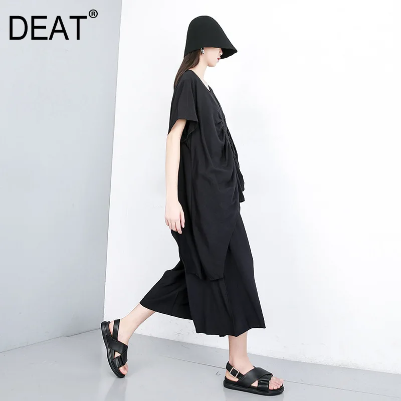 

[DEAT] 2019 New Spring Summer Round Neck Short Sleeve Black Fold Irregular Wide Leg Pants Two Piece Suit Women Fashion JW08