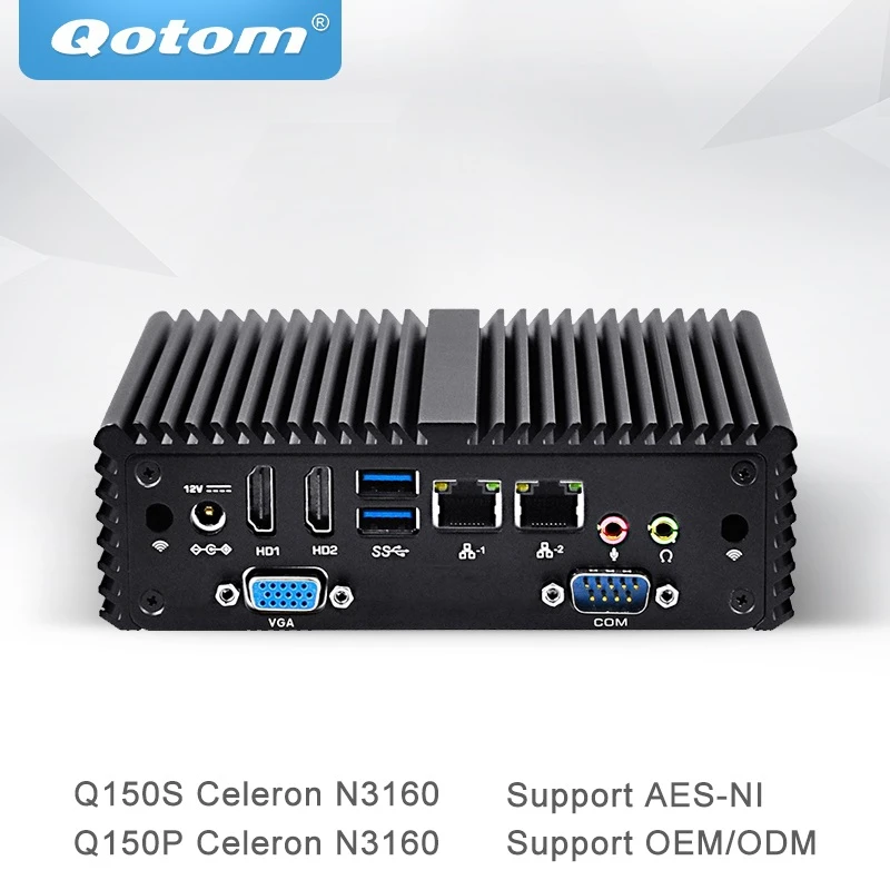 Qotom мини-ПК с AES-NI 4 ядра Celeron N3160 процессор безвентиляторный Тонкий клиент коробочку двойной гигабитный NIC PC Q150