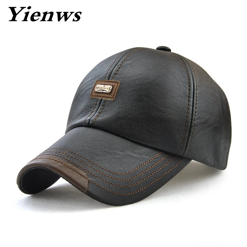 Yienws Luxury Brand Winter Velvet Hats For Men Pu Leather Baseball Cap Man Bones Masculino Dad