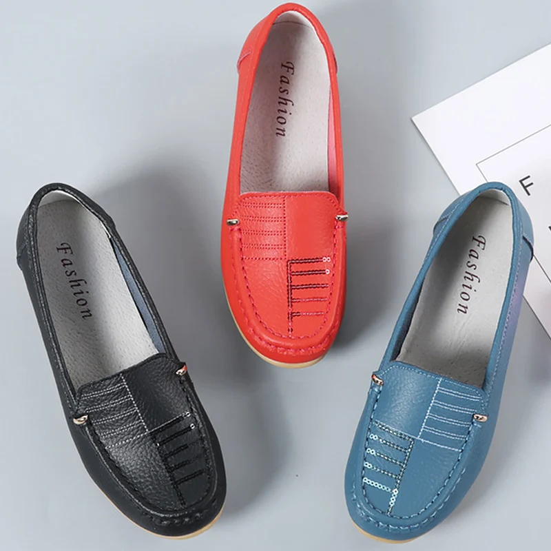 Costura 40 Planos Cuero red Mujer Zapatos Estilo Black Sólido Genuino De Mujeres blue 35 Mocasines Viejo Tamaño Px44g1q
