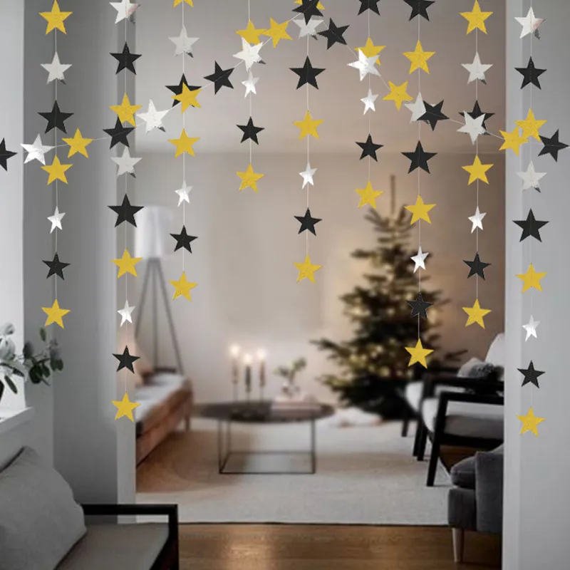 4m Gold Silver Black Paper Star Shape Garlands Banner Baby Shower First Birthday Party Decoration Kids Wedding Christmas Banner