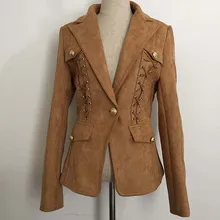 Осенне-зимние дизайнерские куртки для подиума женские пальто из замши с длинным рукавом и крестиком с металлическими пуговицами льва элегантная одежда