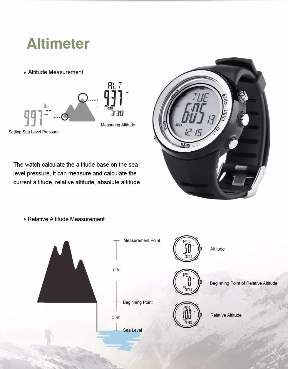 EZON многофункциональные спортивные часы H009 5ATM Водонепроницаемый высотомер Секундомер барометр открытый часы для альпинизма для Для мужчин Для женщин