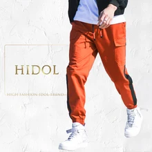 Оранжевый джоггеры винтажные боковые полосы контрастного цвета карман повседневные брюки карго 3XL хип хоп Уличная Брюки Мужская брендовая одежда