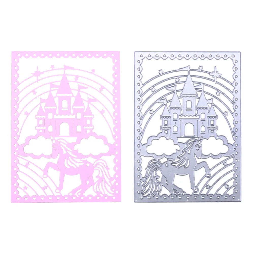 

Metal Cutting Dies Castle Unicorn Horse Rectangle Frame Design Embossing Dies Cuts for DIY Scrapbooking Album Paper Cards Crafts