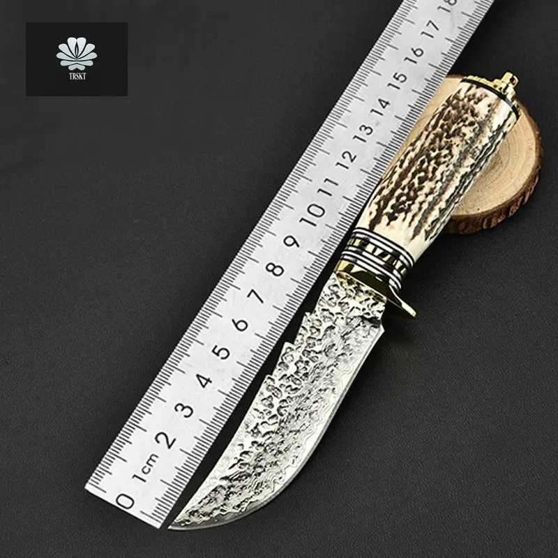 

TRSKT Damascus Collection Knife Survival Hunting Knives Camping Antler + Copper Handle Outdoor tool Fruit knife Dropshipping