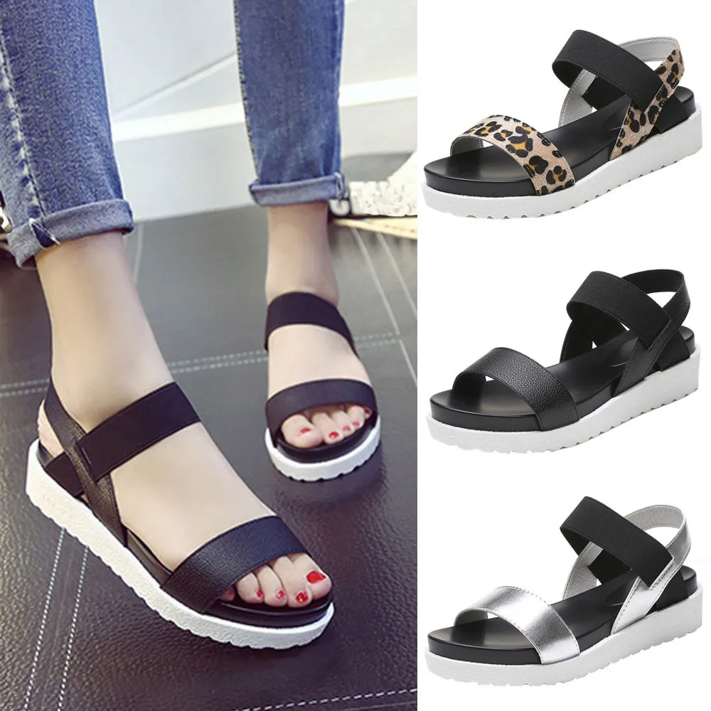 

MUQGEW 2019 Fashion Sandals Women Aged Leather Flat Sandals Solid Rome Flat with Ladies Shoes ladies sandals
