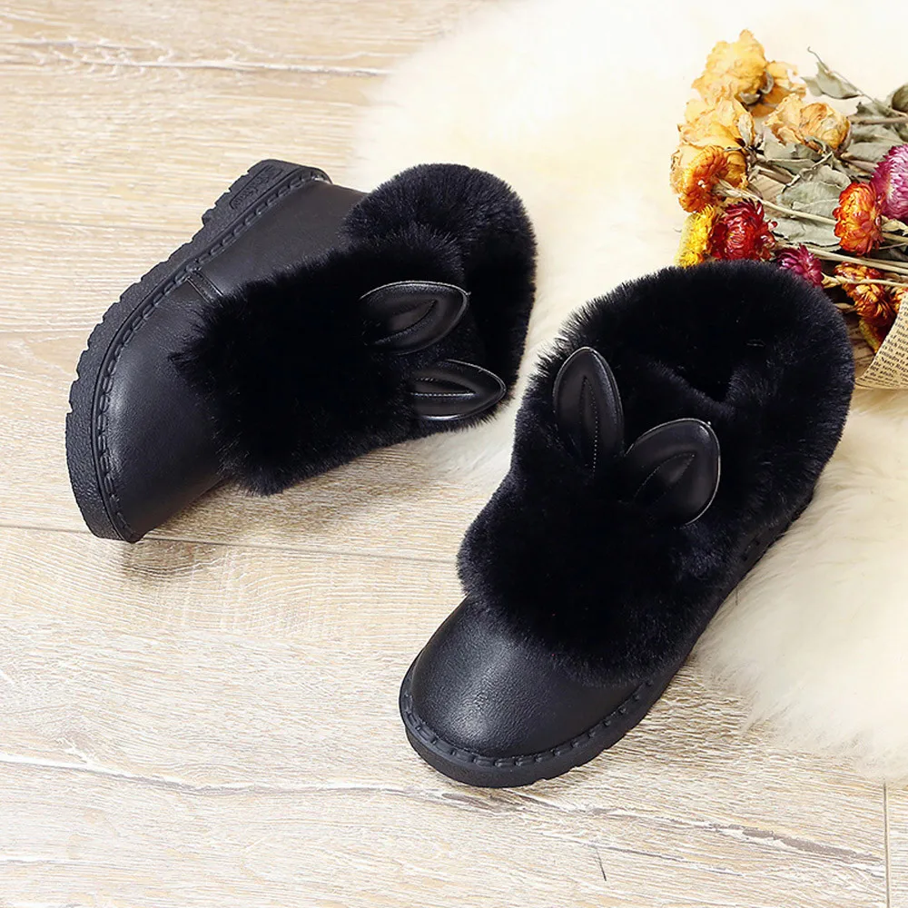 Женские зимние ботинки с заячьими ушками; зимняя теплая обувь на плоской подошве без шнуровки; Плюшевые Зимние ботильоны; botas mujer;#20180924