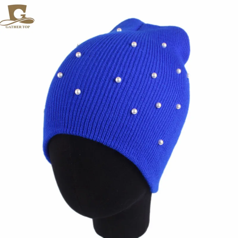 Новая зимняя теплая вязаная шапка, украшенная жемчужинами, вязаная шапка, Женская лыжная шапка, вязаная шапка для девочек - Цвет: Royal blue