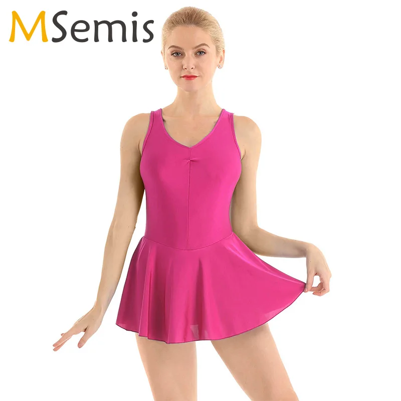 

MSemis Women Ballet Dance Dress Sleeveless Ruched V-neck Front with Built-in Ballet Leotard Gymnastics Dress Lycra Dance Costume