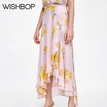 Новые летние Для женщин розовый Цветочный принт миди юбки Особенности Асимметричные Оборки по краям, цвет-юбка карандаш с кружевом в комплекте в виде галстука-бабочки