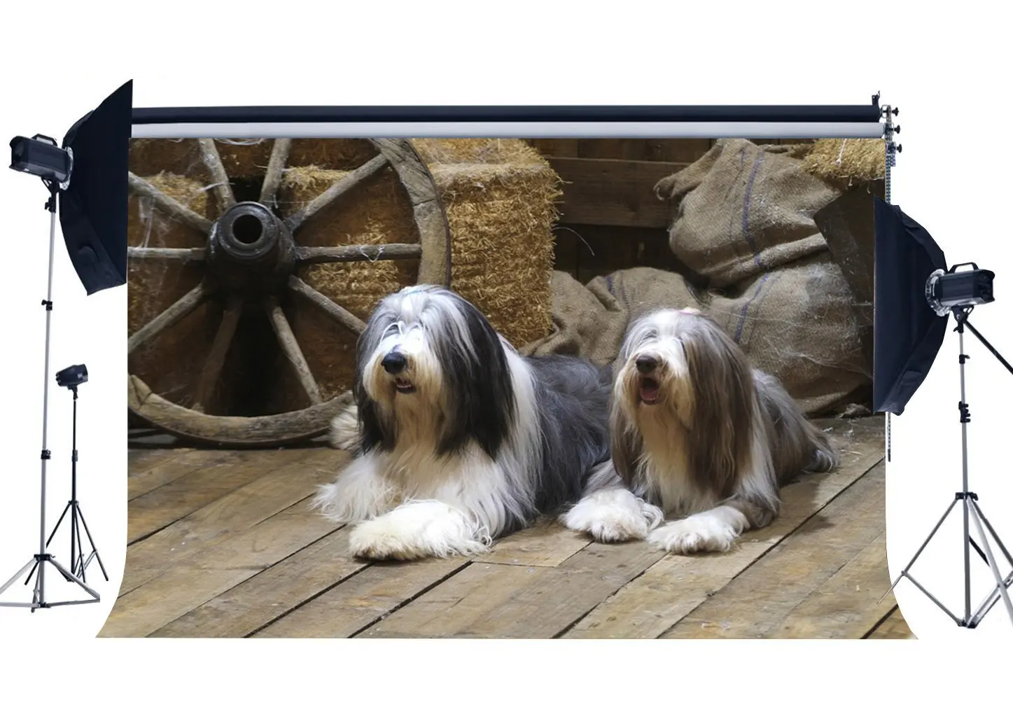 

Old Barn Backdrop Straw Haystack Backdrops Vintage Old Wheel West Cowboy Shabby Gunny Bag Dogs on Nostalgia Background