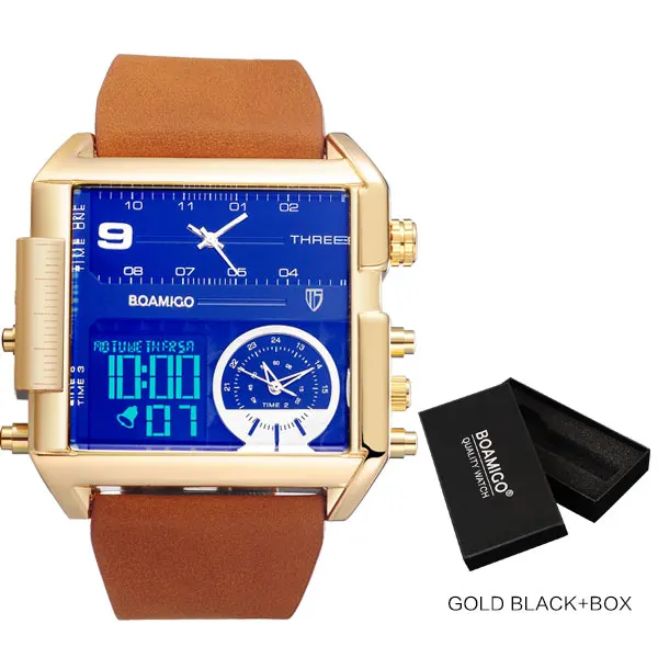 BOAMIGO спортивные модные мужские военные часы с двумя часовыми поясами, роскошные часы с хронографом, Кожаные квадратные кварцевые наручные часы - Цвет: gold-black with box