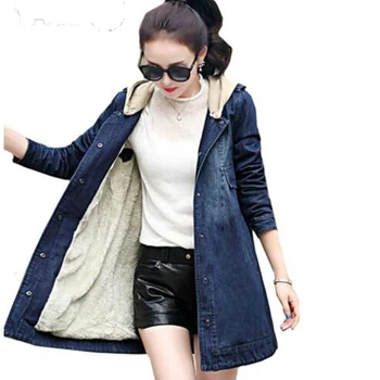 

2019 Winter Women Warm Denim Jacket Plus Size 5XL Loose Vintage Hooded Jeans Female Outwear Autumn Denim Thick Coat Casual Tops