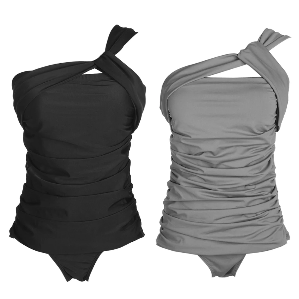 

Plus Size Bikini stretchable Women Solid One Shoulder Two Pieces Set Beachwear Swimsuit Swimwear Bathing suit female beachwear