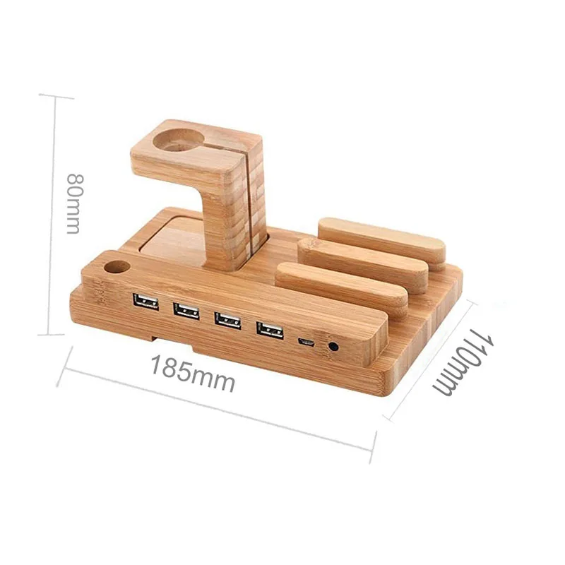 Многофункциональный бамбуковый Настольный держатель для телефона для iPhone iPad mini для Apple Watch, зарядная док-станция, 4 usb-порта с зарядным кабелем