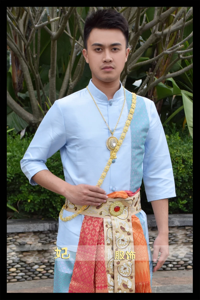 Синяя рубашка с короткими рукавами+ брюки+ поясная повязка для сцены одежда Тайланд дай принц костюм дай традиционный Мужской наряд