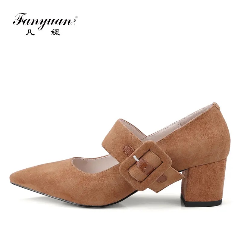 Fanyuan Autumn new mary janes shallow buckle strap suede Pumps woman thick heel pumps fashion Pointed toe black shoes