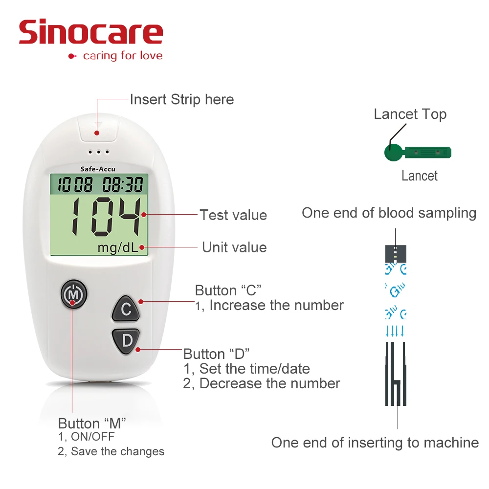 Глюкометр Sinocare Safe-Accu, комплект для измерения уровня глюкозы в крови, с 50 или 100 тест-полосками и ланцетами, медицинский прибор для диабетиков, соответствует требованиям ЕС