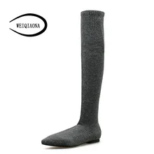 WEIQIAONA модные, пикантные зимние стрейч ткани Женская обувь Высокие сапоги на низком каблуке Острый носок до колена Высокие сапоги теплые сапожки