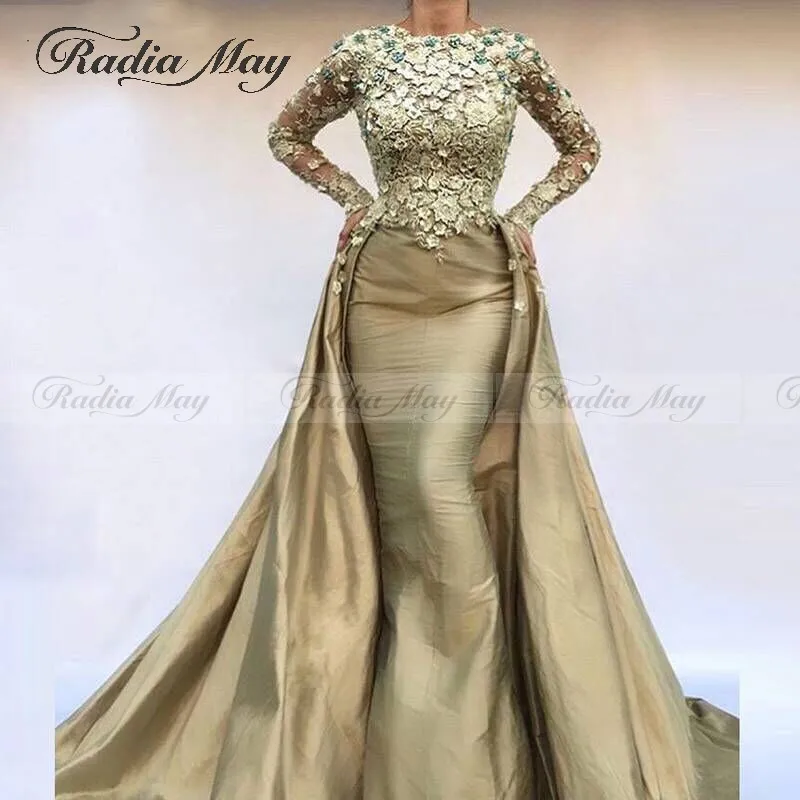 

Elegant Long Sleeves Mermaid Muslim Evening Dress Detachable Train Long Formal Gowns 2019 Saudi Arabia Kaftan Dubai Prom Dresses