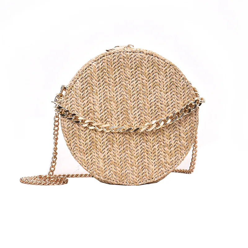 

Summer 2019 Women New Woven Small Round Messenger Bag Lady Shoulder Bag Chain Handbag Circular Bag Straw Handmade Chains Female