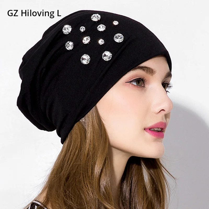

GZHilovingL 2018 Women Casual Cotton Slouchy Skullies Beanies Mulher Hip Hop Solid Black Color Beanie Hat Rhinestone For Ladies