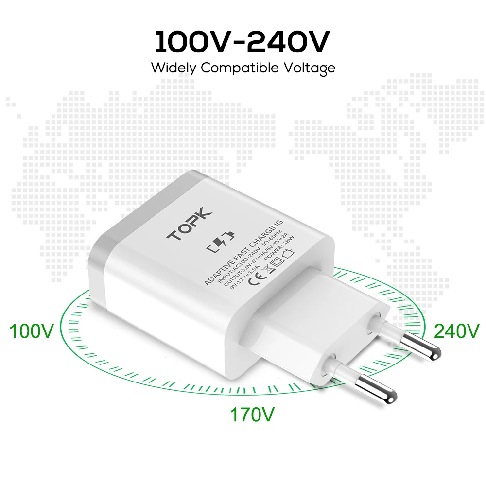 Topk быстрый usb Зарядное устройство 18 Вт Quick Charge 3.0 Мобильный телефон ЕС Plug стены USB